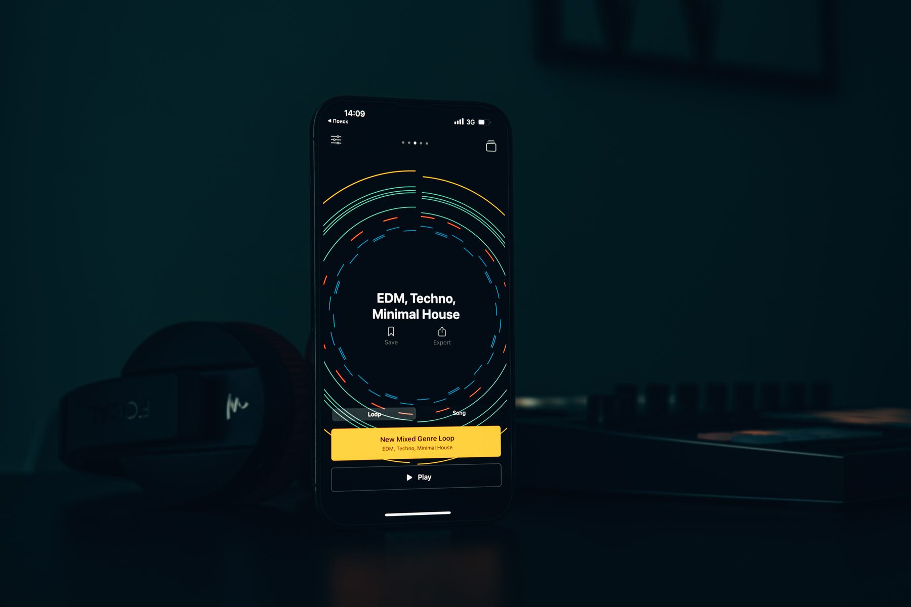 Aplicativo de música com interface escura exibido em um smartphone